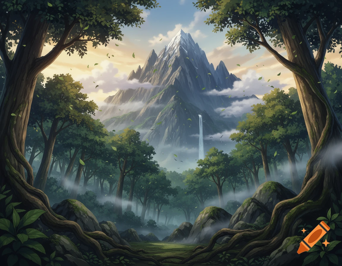 Anime style landscape featuring a tall snow-capped mountain behind a lush green forest with a waterfall.