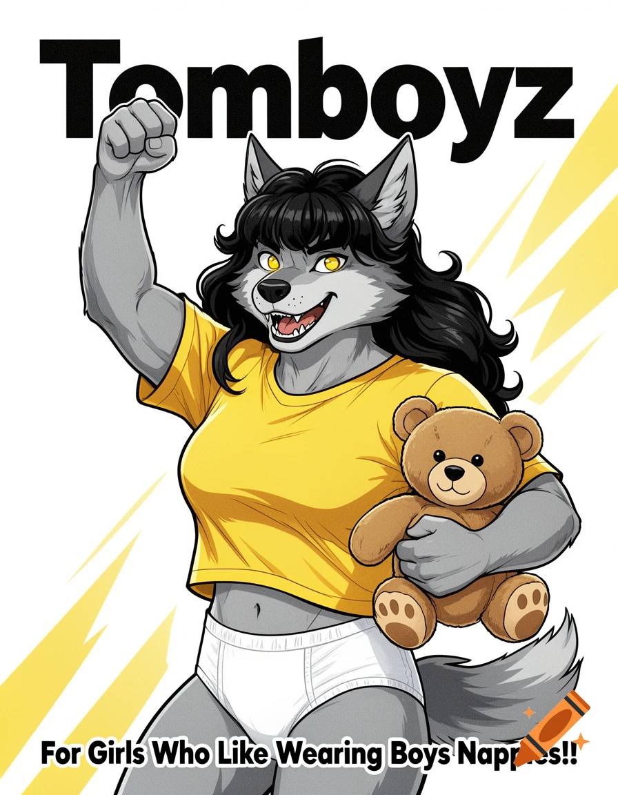 Stylized cartoon poster of a muscular female wolf furry holding a teddy bear and wearing a yellow t-shirt and white nappy.