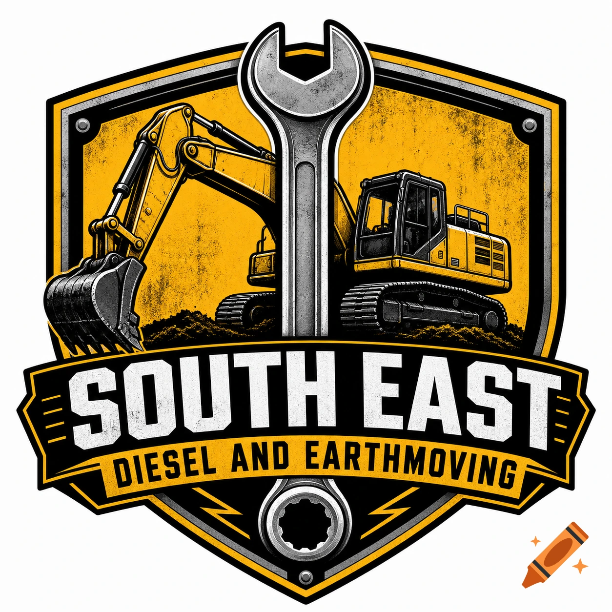Logo design featuring an excavator, wrench, and text reading SOUTH EAST DIESEL AND EARTHMOVING in a shield.