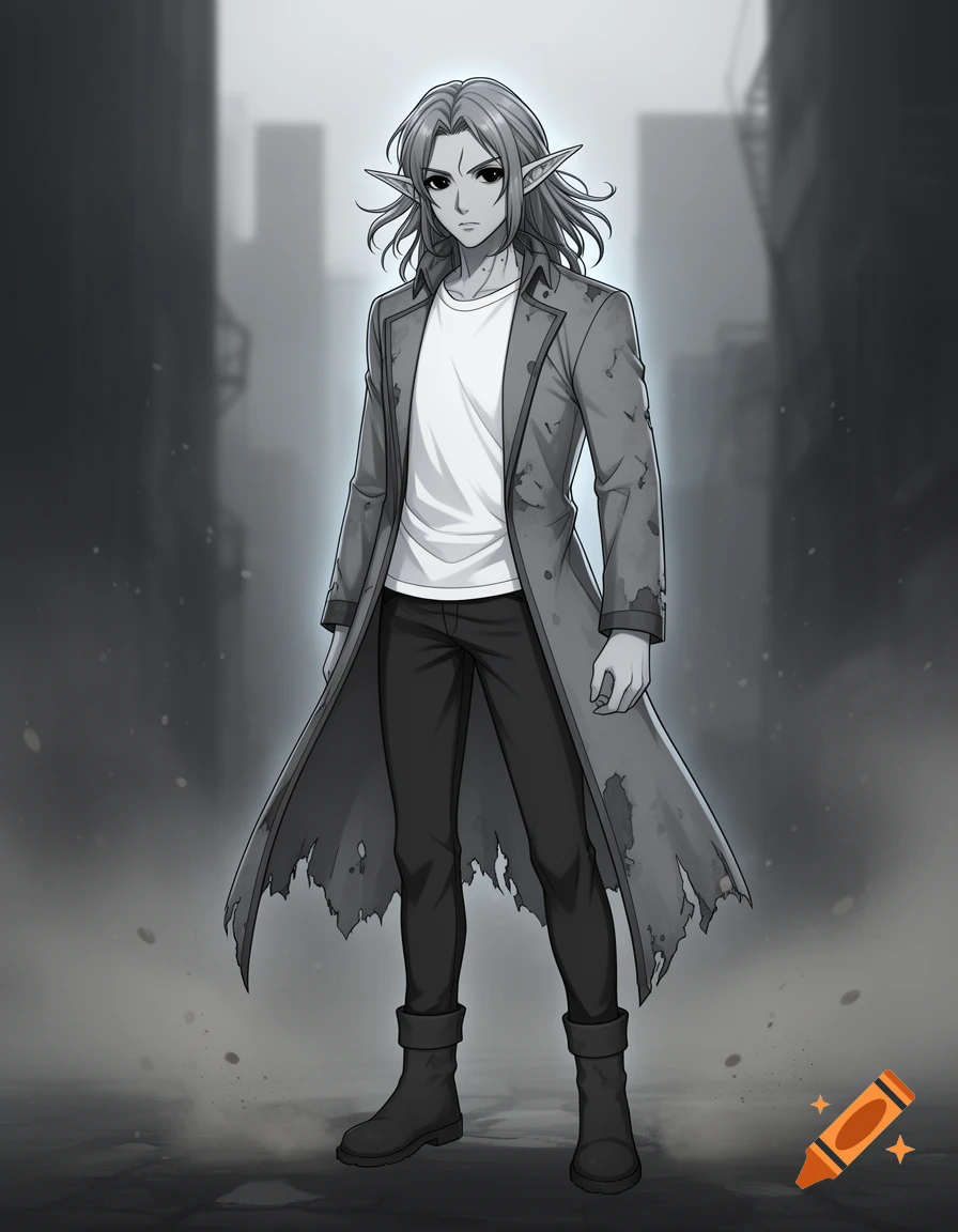 Black and white anime style illustration of a grey-skinned elf character with pointed ears and black eyes, wearing a t-shirt, worn duster coat, and dark pants in a foggy alleyway.