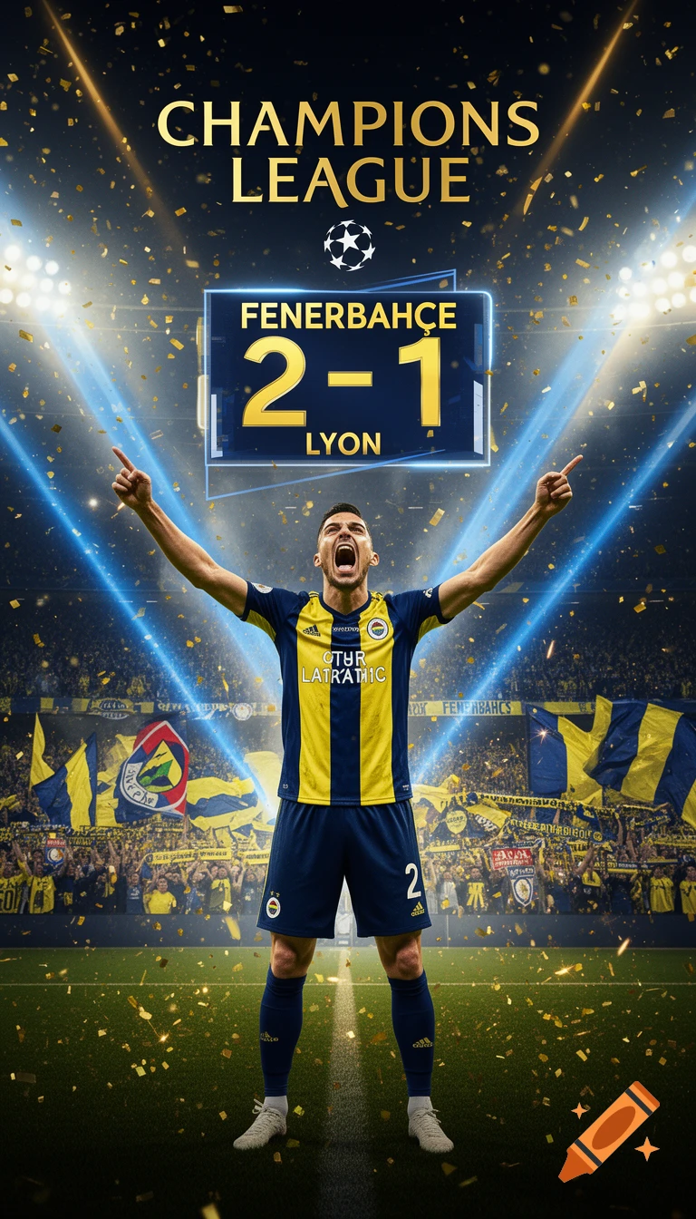 A celebratory football poster showing a Fenerbahce player with arms raised in victory, with stadium and confetti in the background.