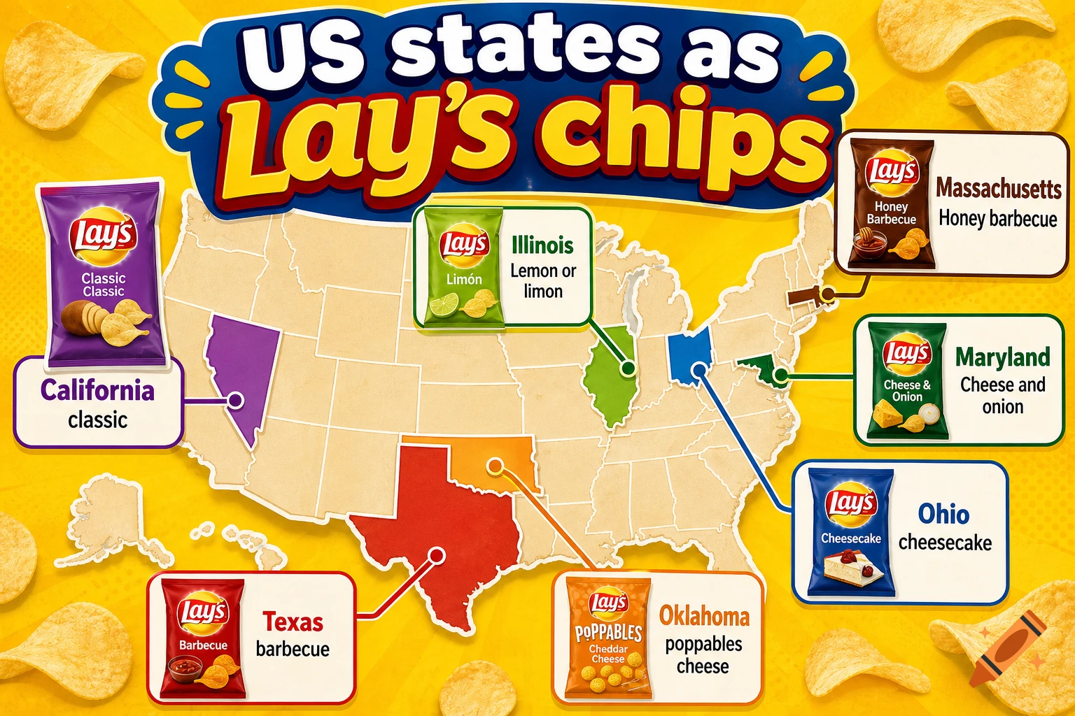 A stylized map of the United States with various US states depicted as different Lay's potato chip bags and flavors.