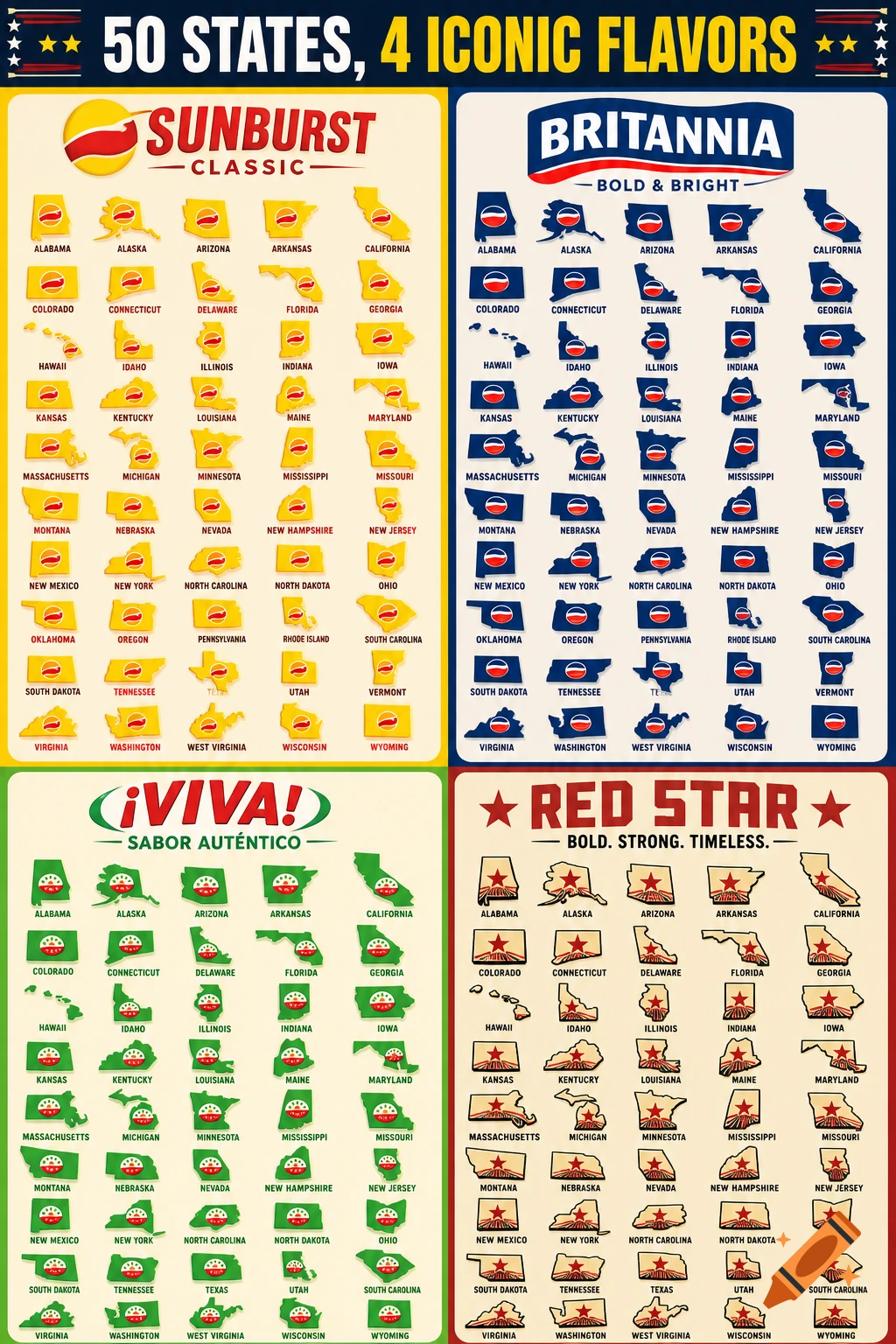 An infographic poster featuring 50 US state maps styled with four iconic brand logos.