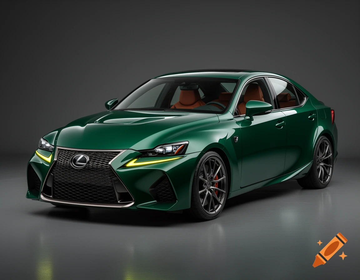 Photorealistic emerald green Lexus IS sedan with brown interior parked in a studio.