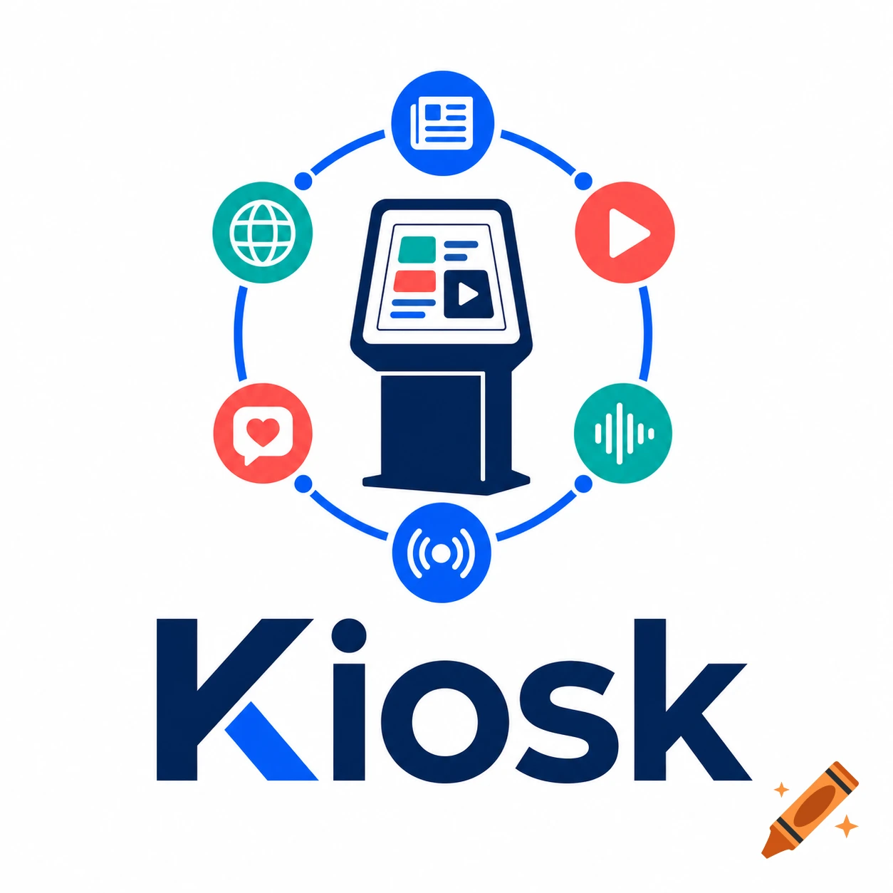 Minimalist digital logo featuring a kiosk terminal surrounded by media icons and the word Kiosk underneath.