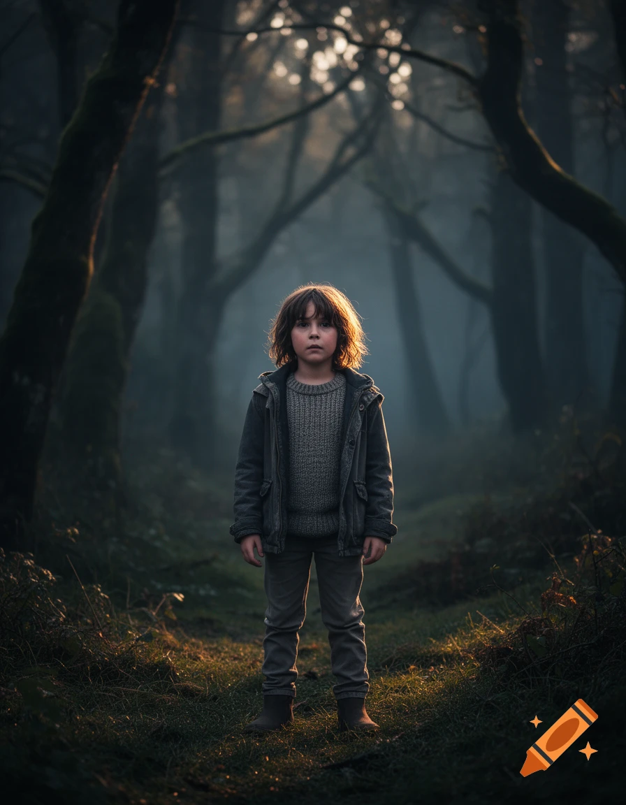 Cinematic photorealistic portrait of a young child with messy brown hair standing in a misty, dark forest at dusk.