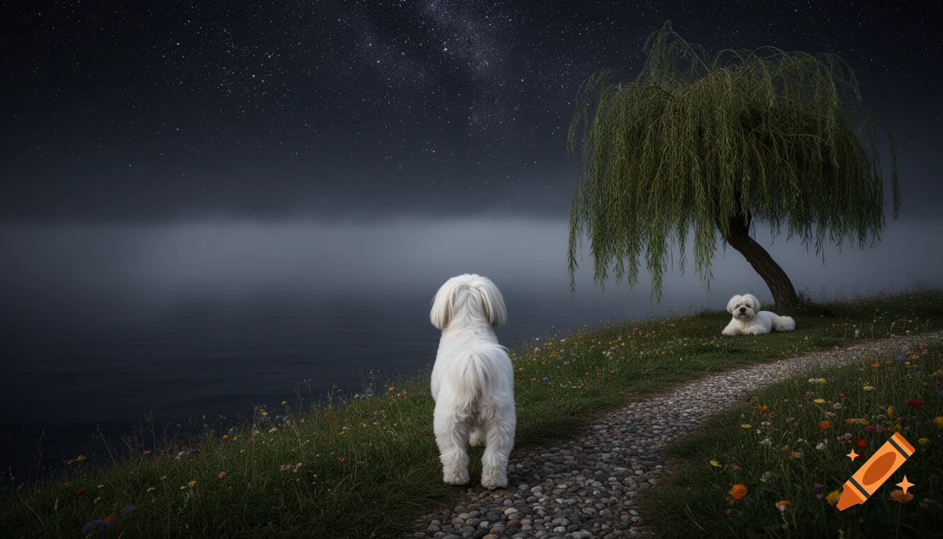Photorealistic image of a white Maltese dog looking out over a foggy ocean and star-filled night sky beside a weeping tree.