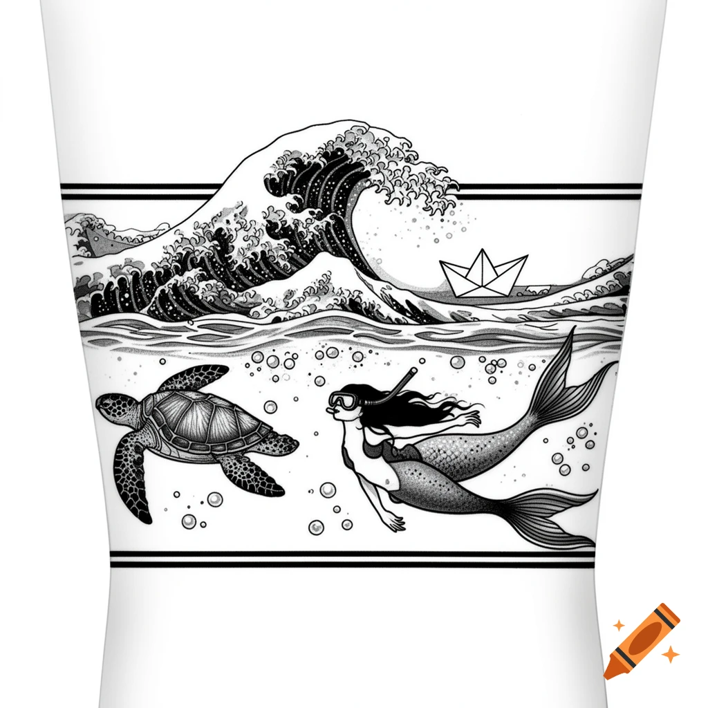 Black and white tattoo design featuring Hokusai wave, a paper boat, a sea turtle, and a snorkeling mermaid.