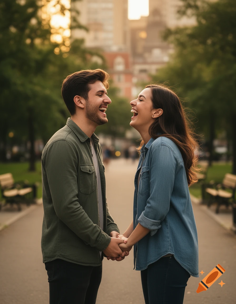 A young couple laughing and holding hands on a path in a park at sunset, photorealistic.