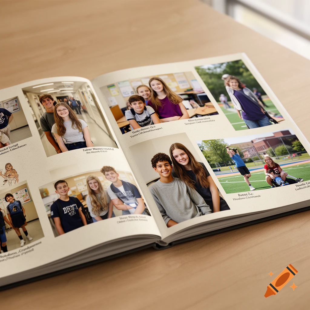 An open yearbook displaying various photos of students in classrooms and sports fields.