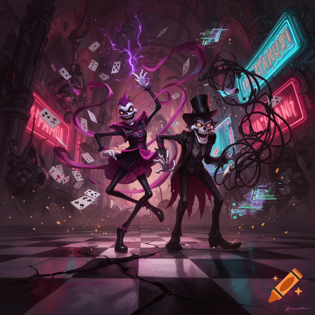 Stylized digital illustration of Jevil and Spamton dancing in a surreal arcade setting with floating playing cards and neon signs.