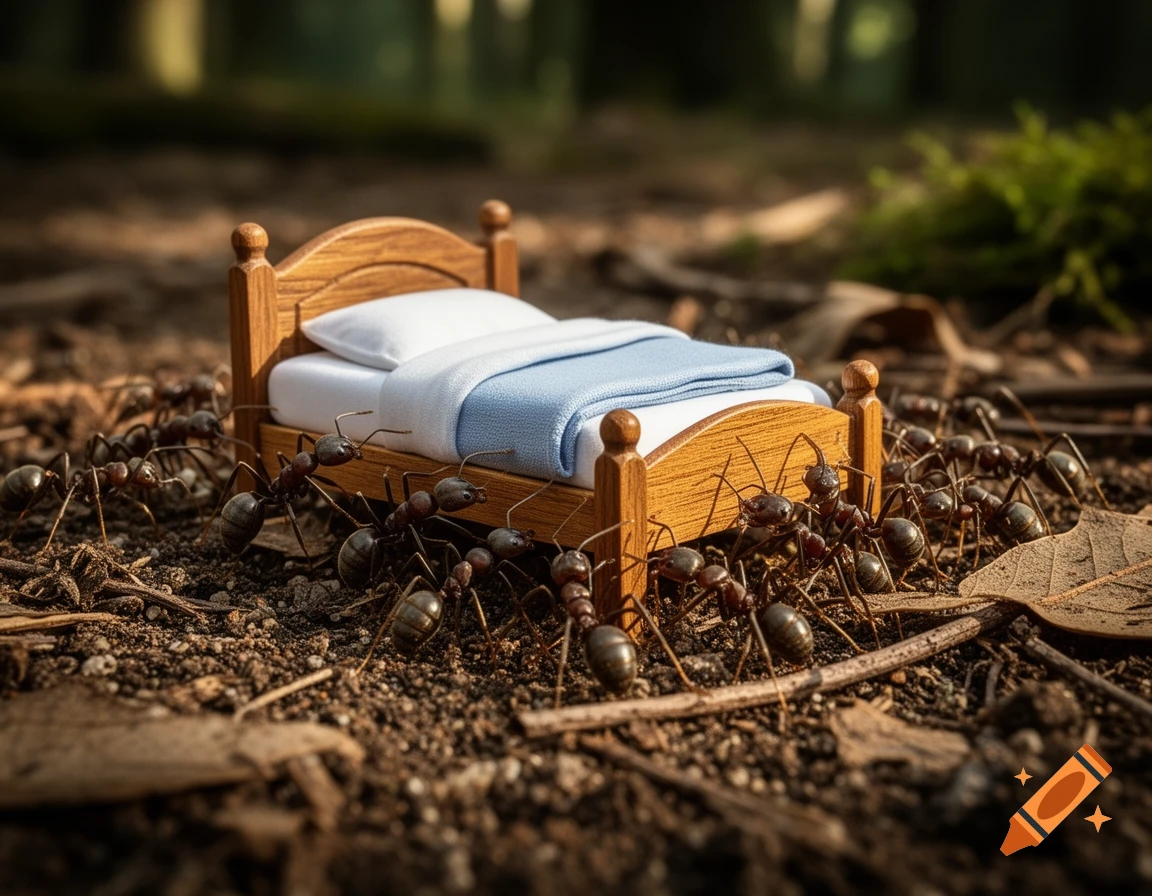 Photorealistic image of multiple ants carrying a miniature wooden bed with white and blue bedding in a forest.