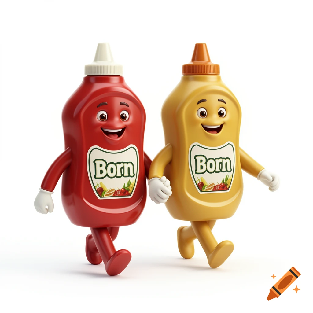 3D cartoon ketchup and mustard bottles holding hands and walking, smiling happily against a white background.