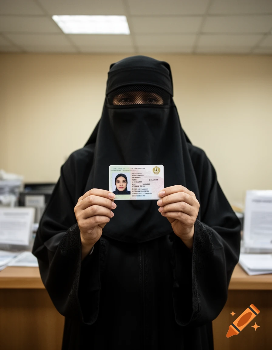 A person in a black burqa holds up an ID card showing a photo in an office setting, photorealistic.