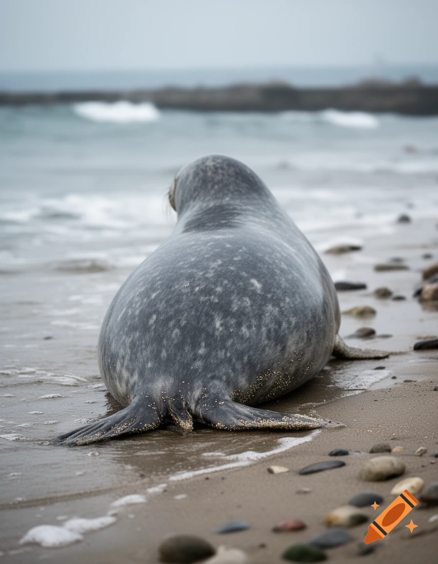 Photorealistic image of a grey spotted seal lying on a sandy beach near the ocean water.