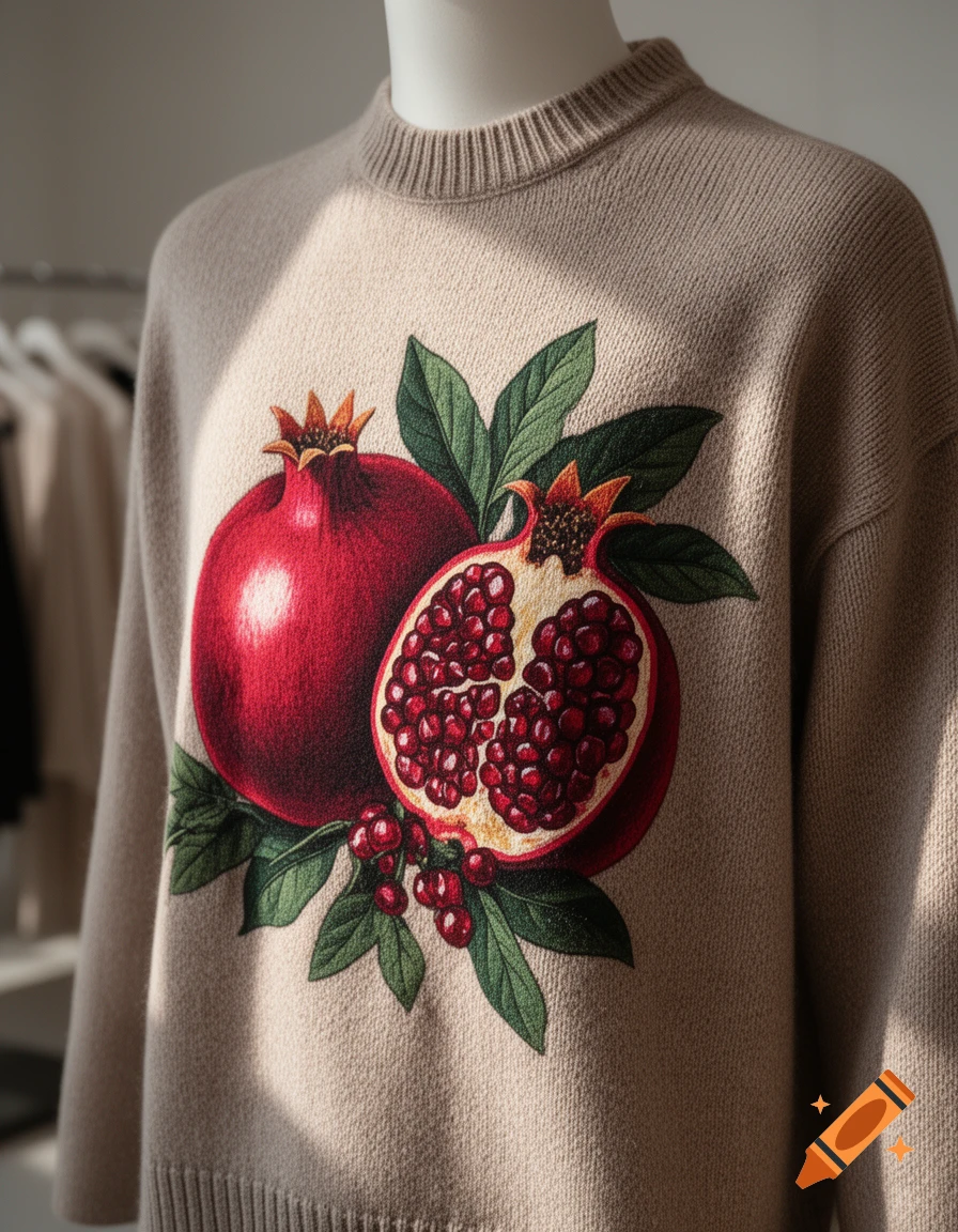 Close-up of a beige knit sweater featuring a detailed embroidery of a whole pomegranate and a sliced one showing seeds.