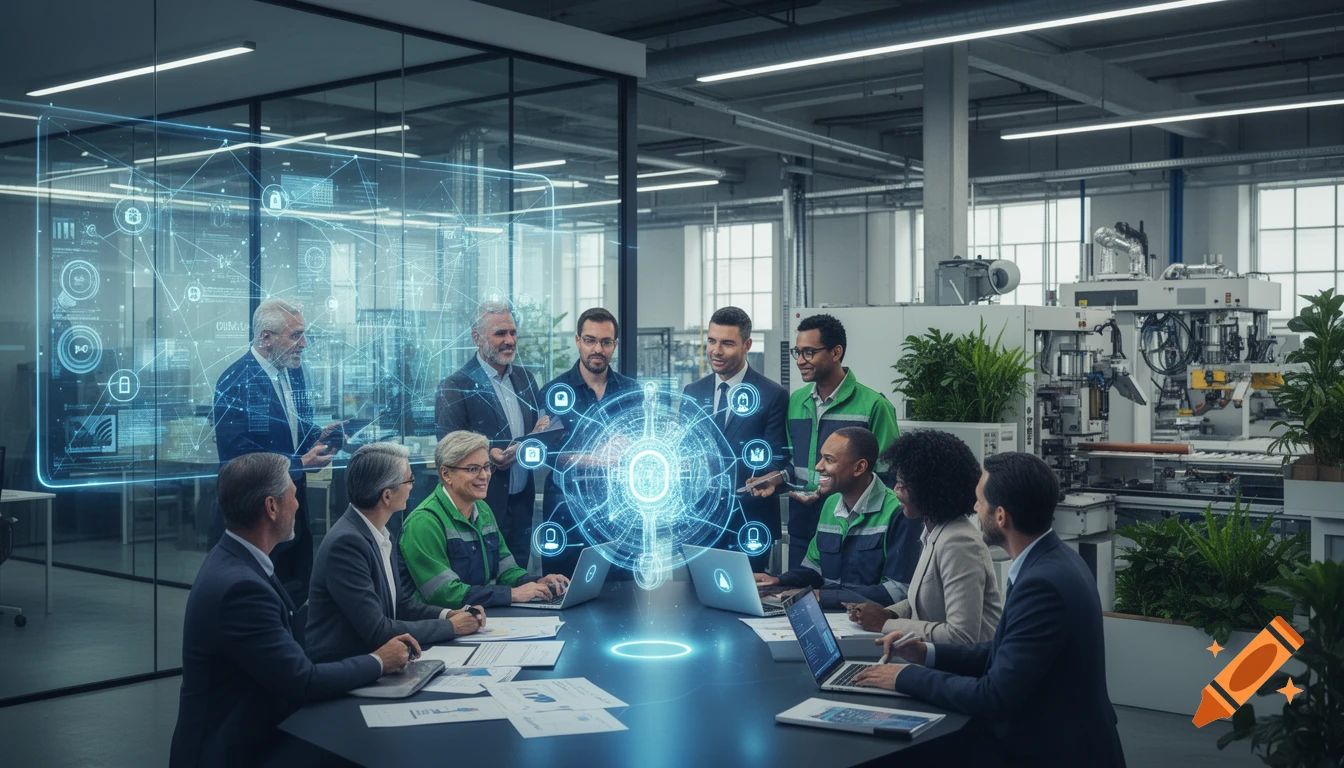 Photorealistic business team collaborating in a modern office with glowing digital network visualizations.