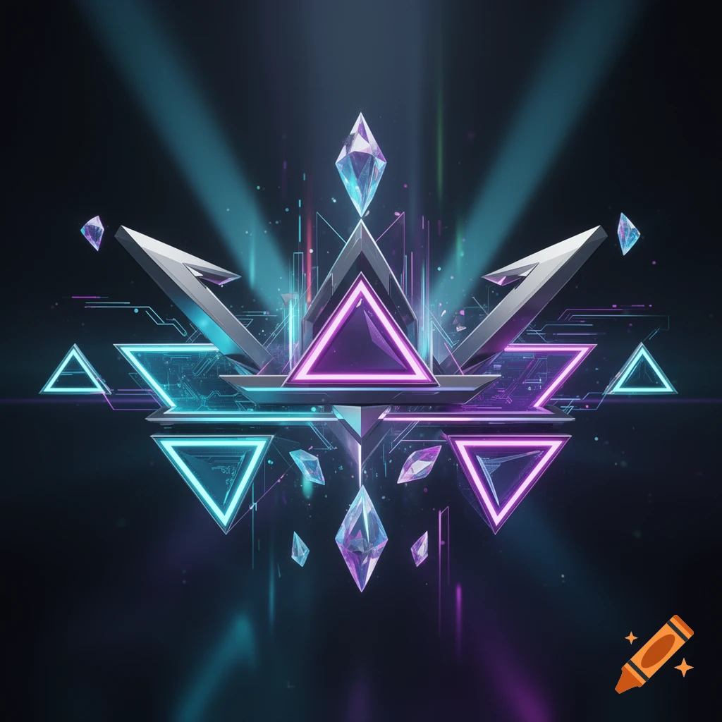 Futuristic geometric design with neon pink and cyan triangles, crystals, and glowing digital accents on a dark background.