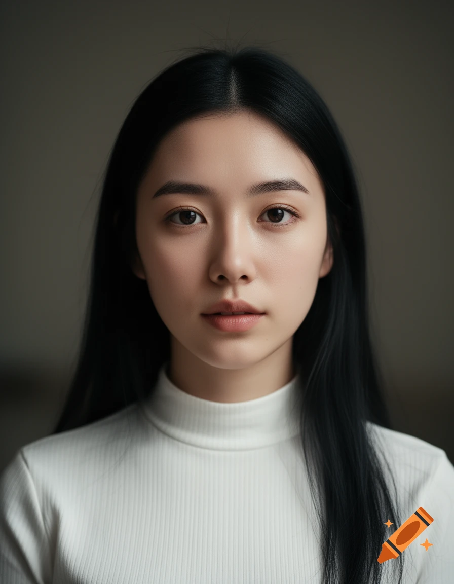 Cinematic portrait of a young woman with long black hair, fair skin, and a white high-neck top.