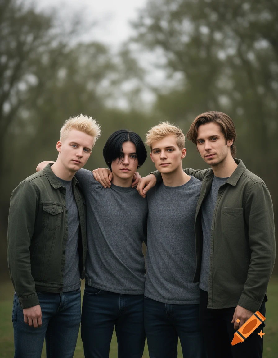 Photorealistic image of four young men standing closely together outdoors, wearing grey shirts and green jackets.