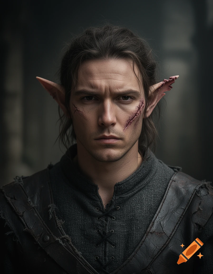 Close-up photorealistic portrait of a serious male elf with cropped ears and scars, wearing dark medieval leather armor.