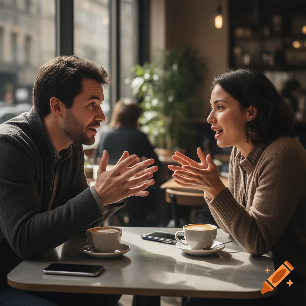 Photorealistic image of a man and a woman sitting at a cafe table, talking expressively with hand gestures, with coffee cups on the table.