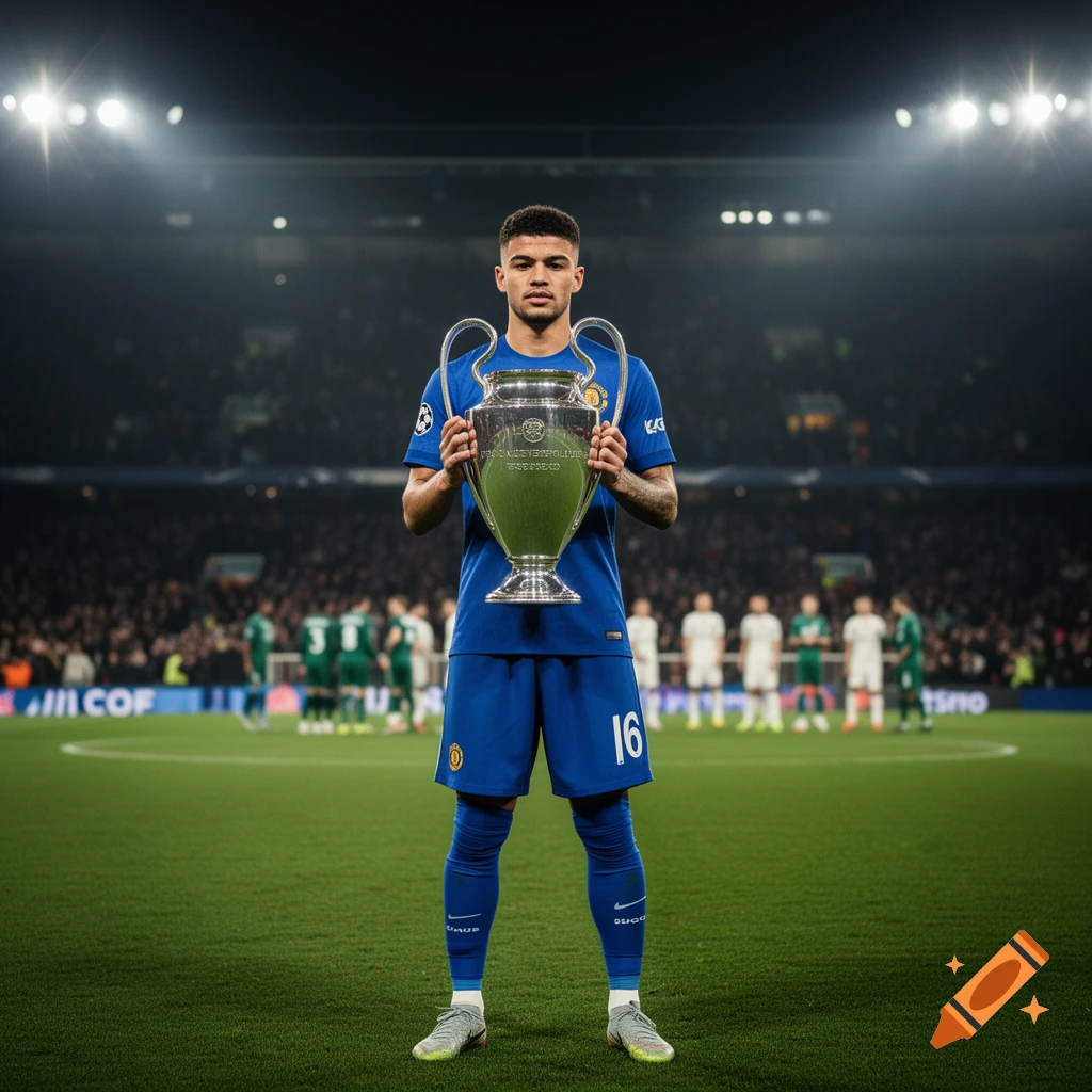 Soccer player in a blue uniform holding the UEFA Champions League trophy in a stadium