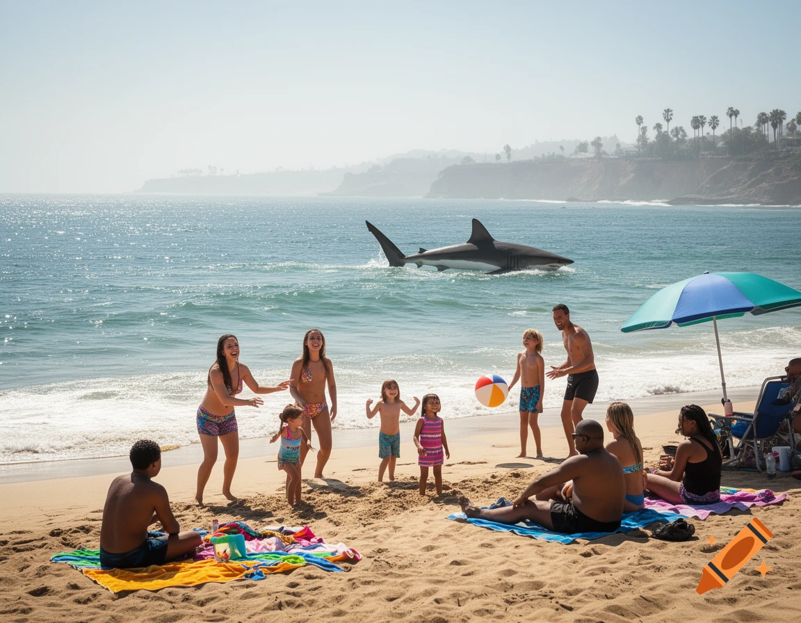 Photorealistic image of people relaxing and playing with a beach ball on a sandy beach while a shark swims in the ocean water behind them.