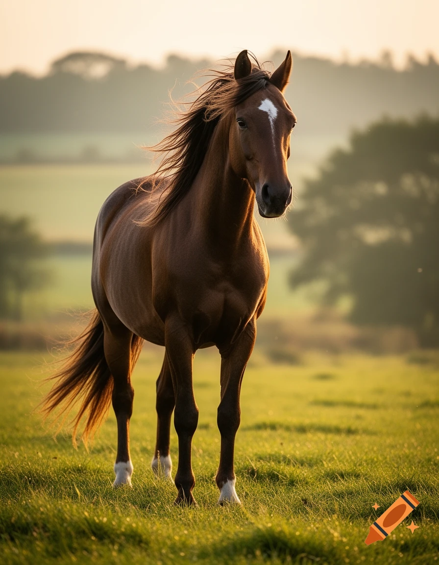 Photorealistic image of a brown horse standing in a grassy field during sunset with its mane blowing in the wind.