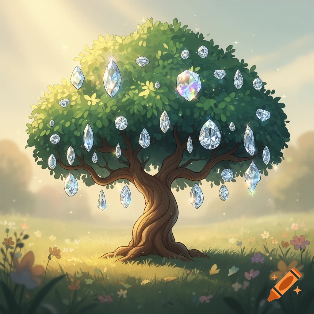 A stylized cartoon tree with glittering diamonds hanging from its branches in a sunny grassy field, digital illustration.