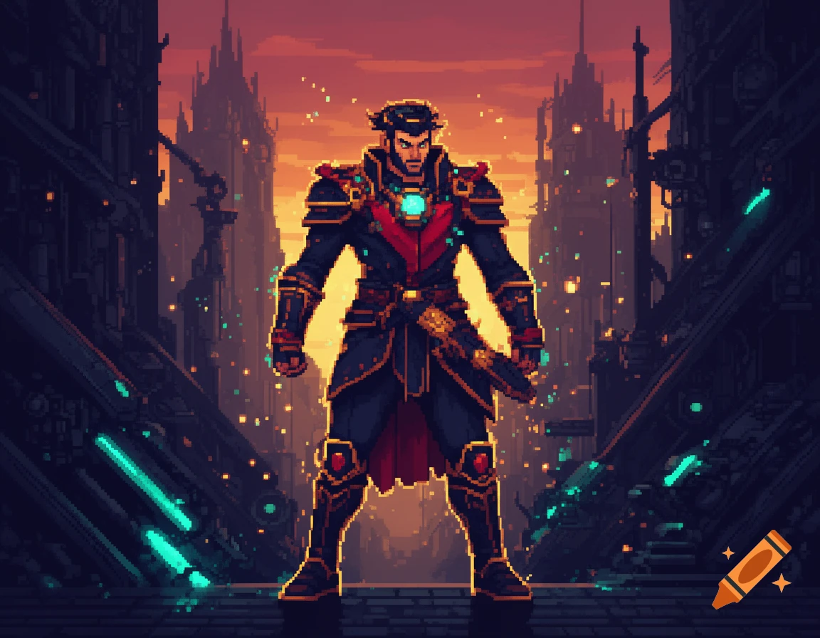 Pixel art of a male character in futuristic fantasy armor standing in a dark, glowing city street.