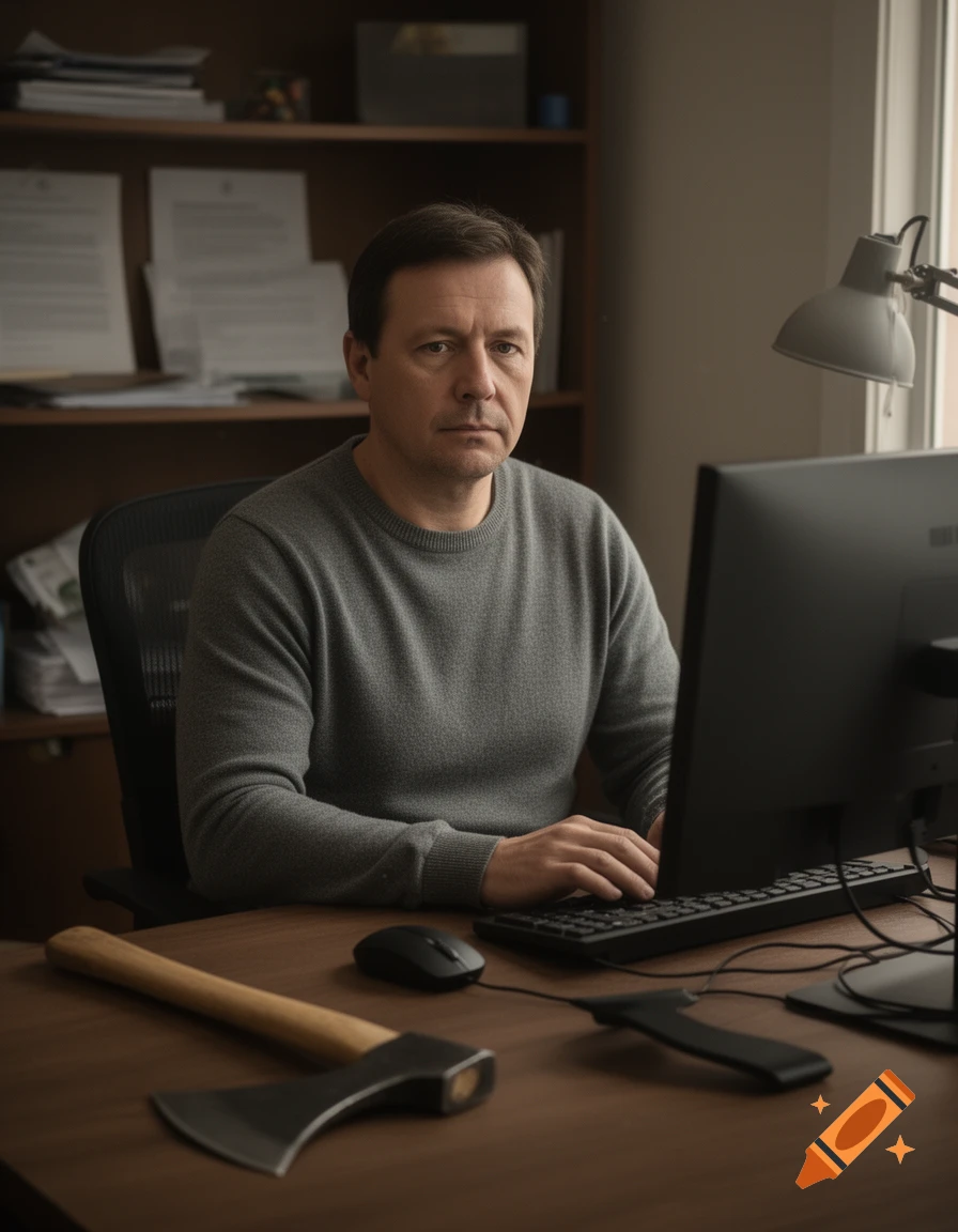 A man in a grey sweater sitting at an office desk with a computer and an axe in the foreground, photorealistic.