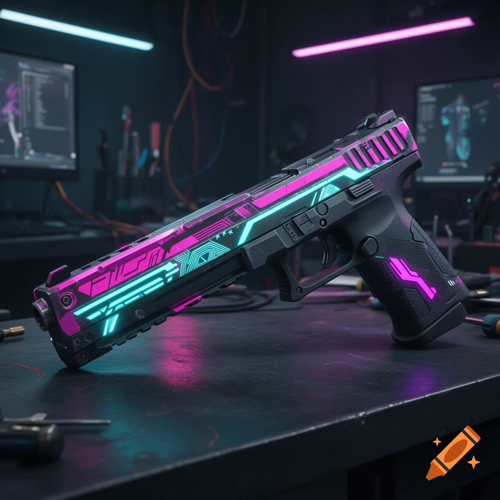 A futuristic pistol with neon pink and cyan glowing accents resting on a dark workbench in a workshop setting.