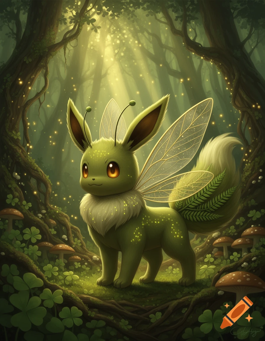 Digital painting of a green, bug-like Eevee evolution with translucent insect wings in an enchanted forest.