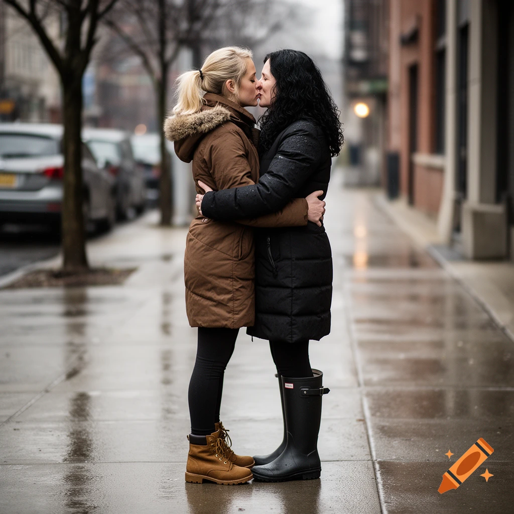 Two women hugging and kissing on a wet city sidewalk in front of parked cars and buildings, photorealistic.