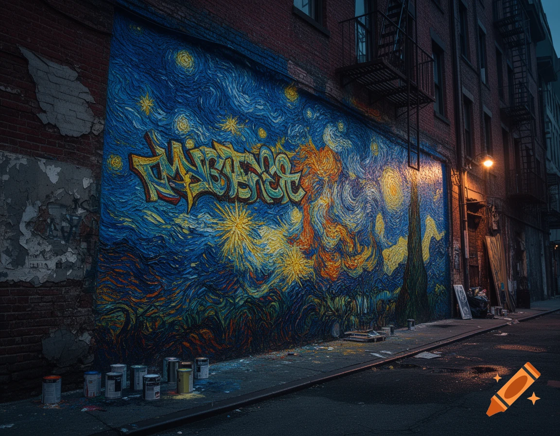Graffiti art in Van Gogh's Starry Night style painted on the brick wall of an alleyway.