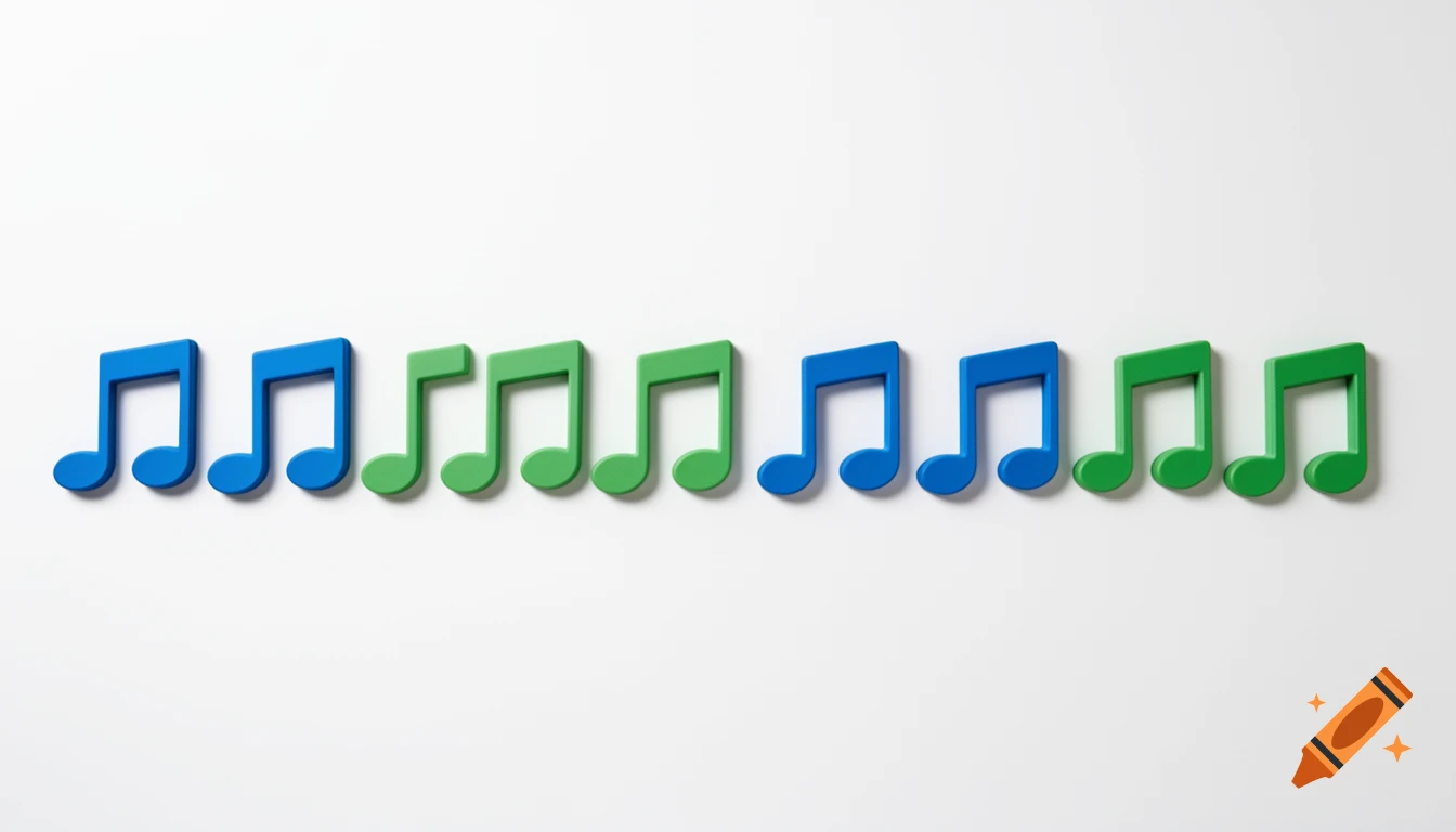 Row of blue and green musical note symbols on a clean white background.