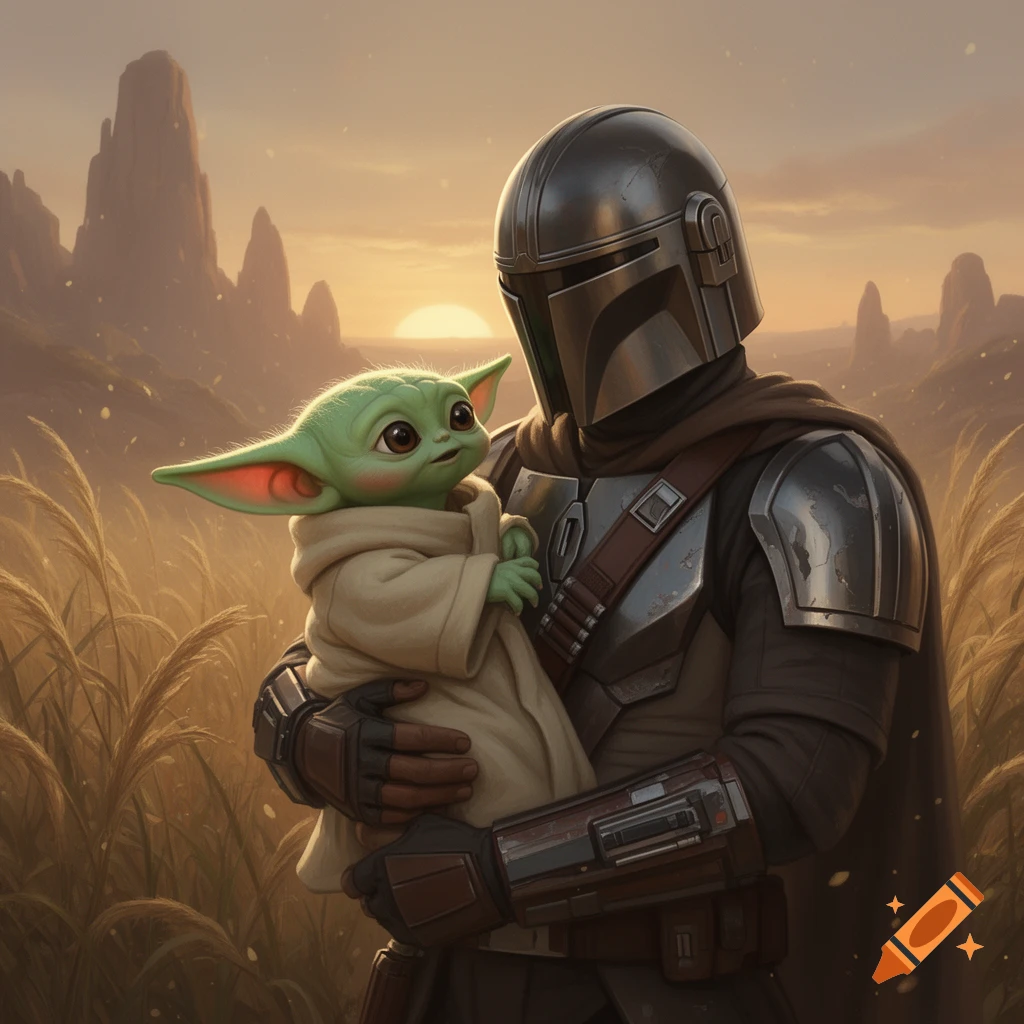 The Mandalorian holding baby Grogu in a field of tall grass with rocky hills in the background during sunset, digital art style.