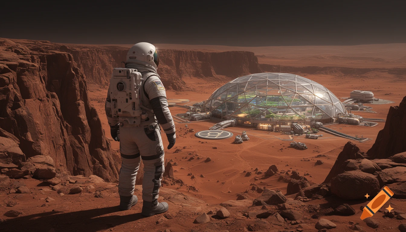 An astronaut in a spacesuit stands on a rocky red cliff on Mars, looking at a large glass bio-dome colony in the distance.