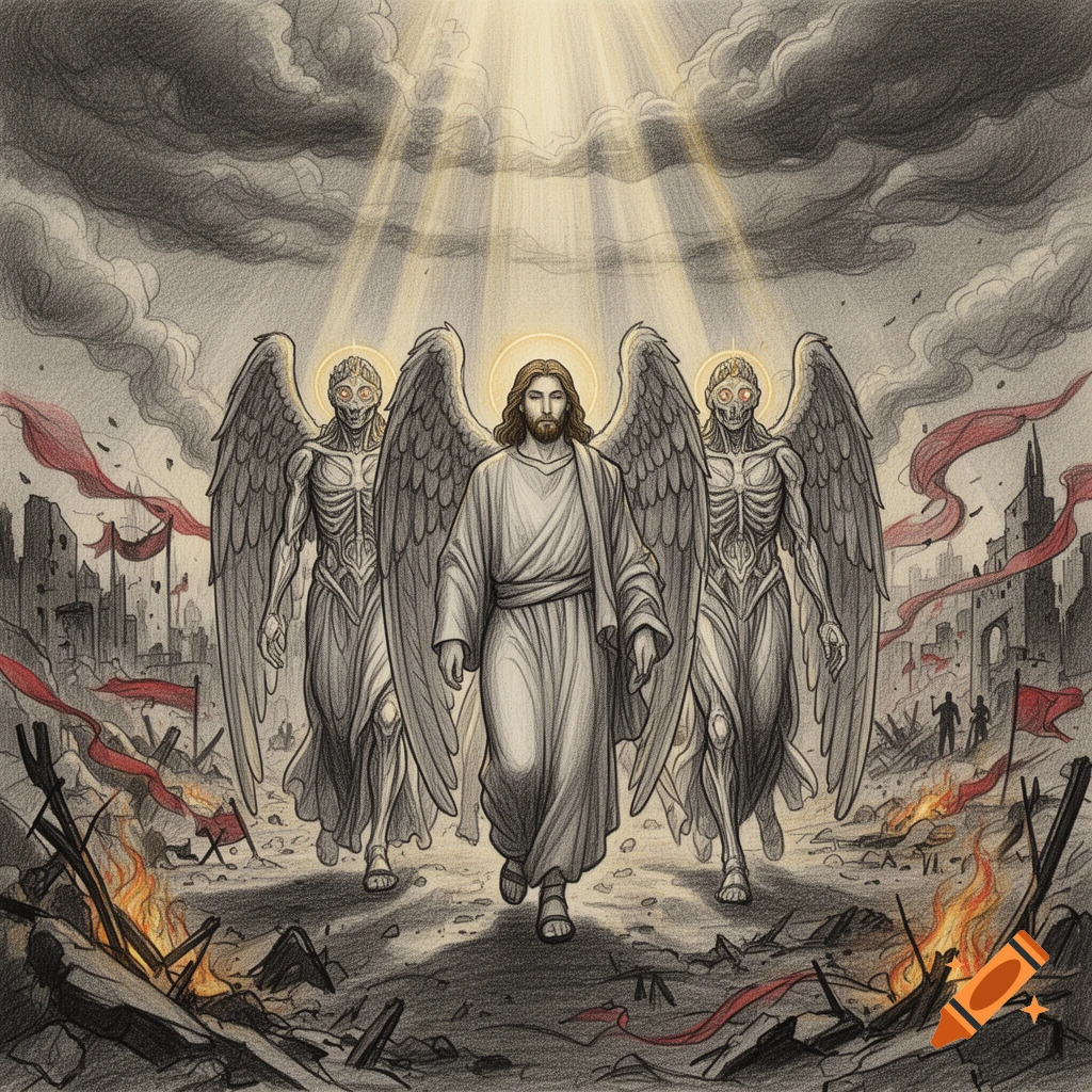 Pencil sketch style illustration of Jesus walking with two biblically accurate winged angelic beings through a ruined war zone.