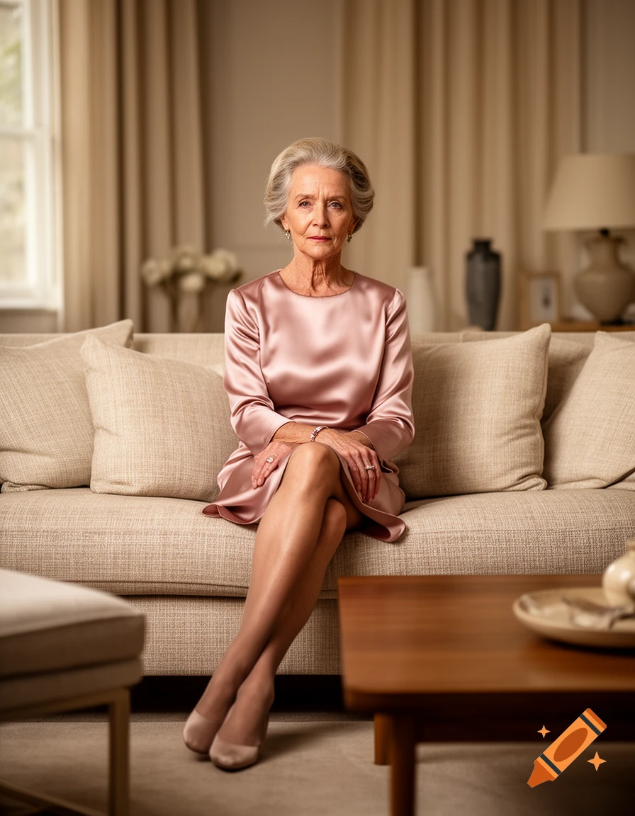 Photorealistic portrait of an elegant elderly woman sitting on a beige sofa in a living room.