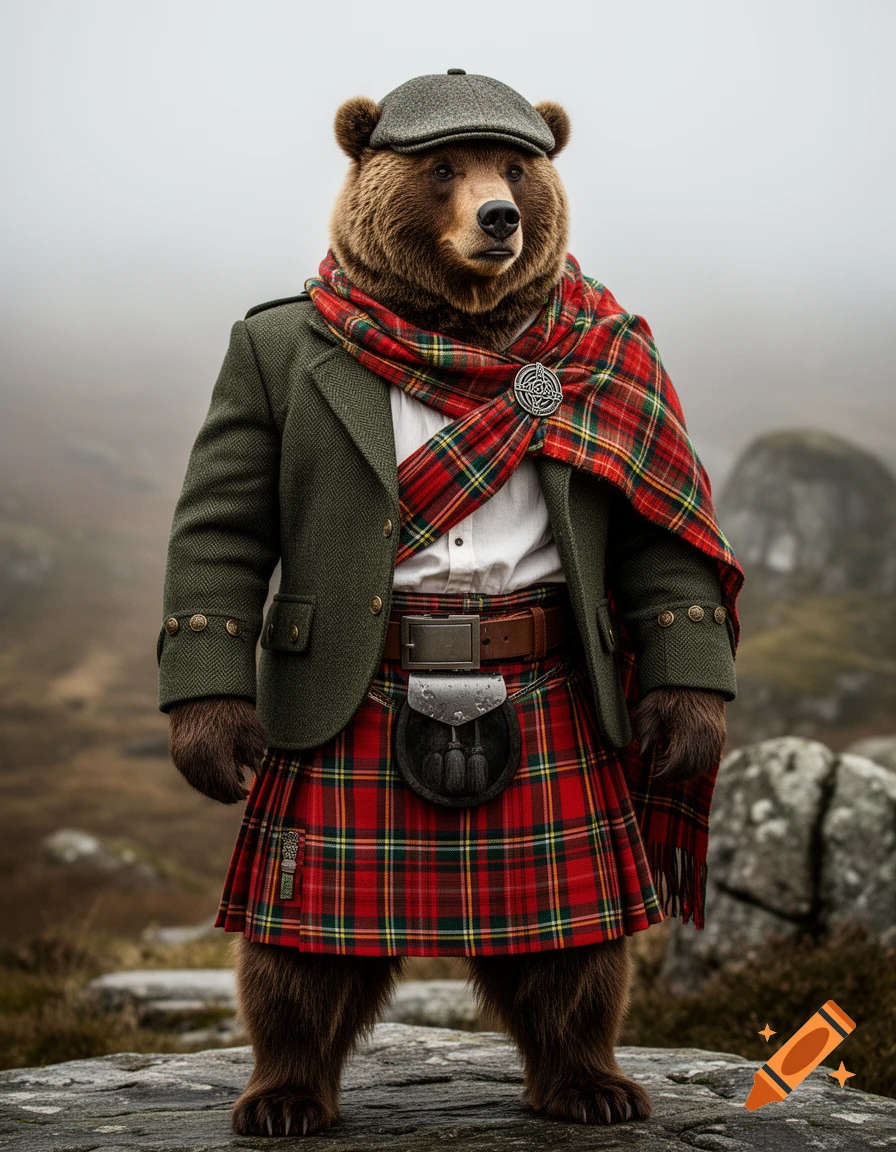 Photorealistic portrait of an anthropomorphic brown bear standing upright in traditional Scottish Highland attire.