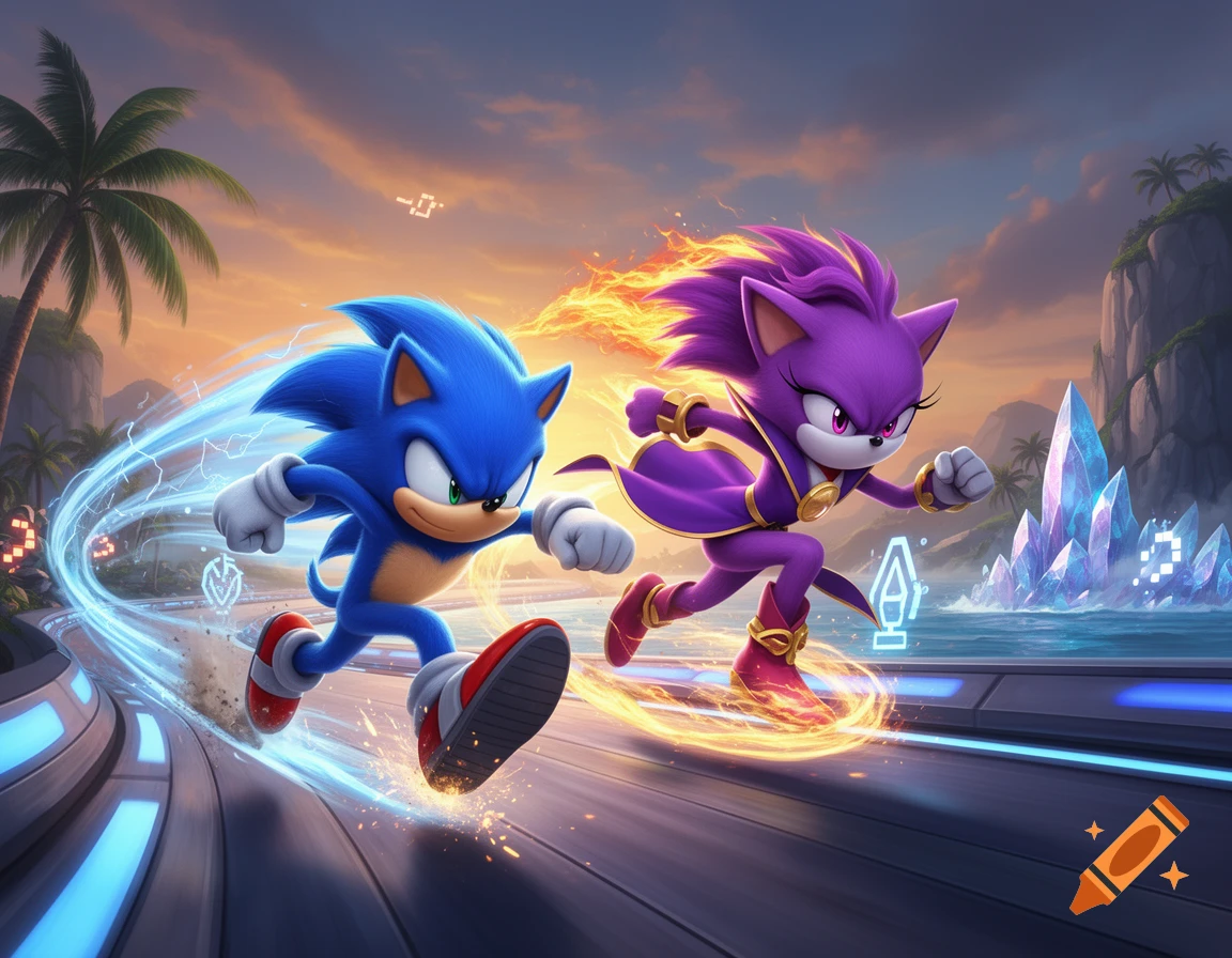 Sonic the Hedgehog and Blaze the Cat racing each other on a futuristic track at sunset, digital art style.