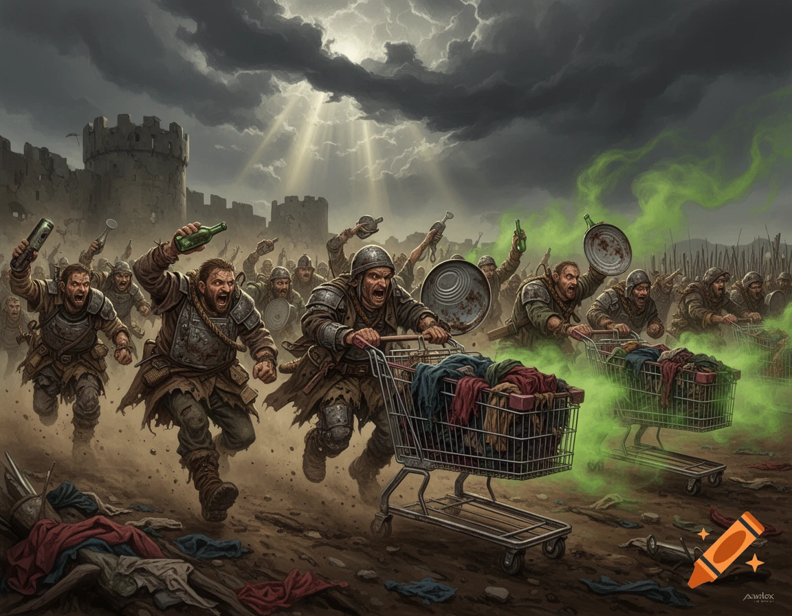 Fantasy illustration of a chaotic army of ragged warriors running into battle, pushing shopping carts filled with supplies, under a dark cloudy sky.