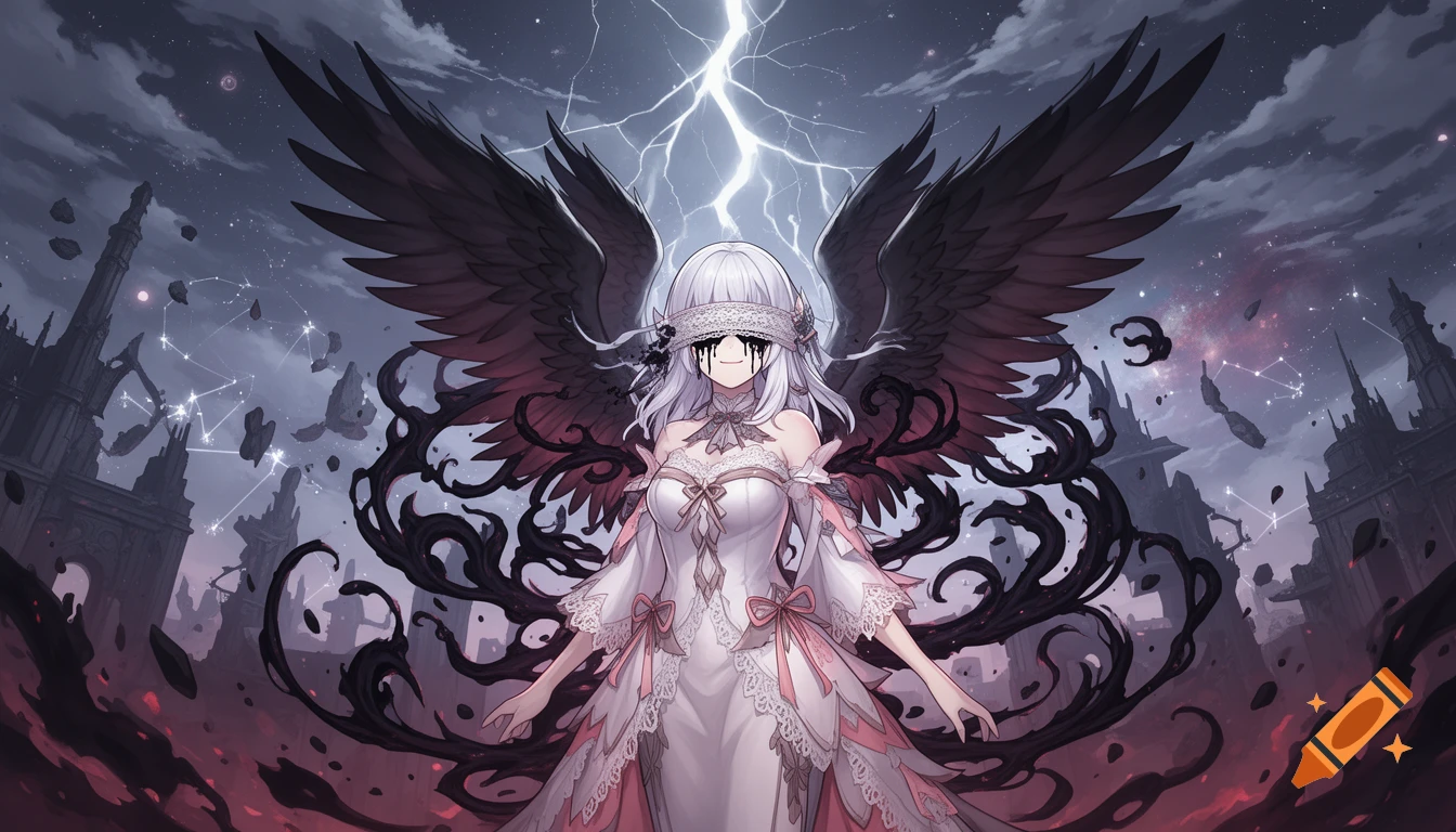Anime style illustration of a pale-haired gothic character with a lace blindfold, black wings, and dark void shadows in a ruined setting.