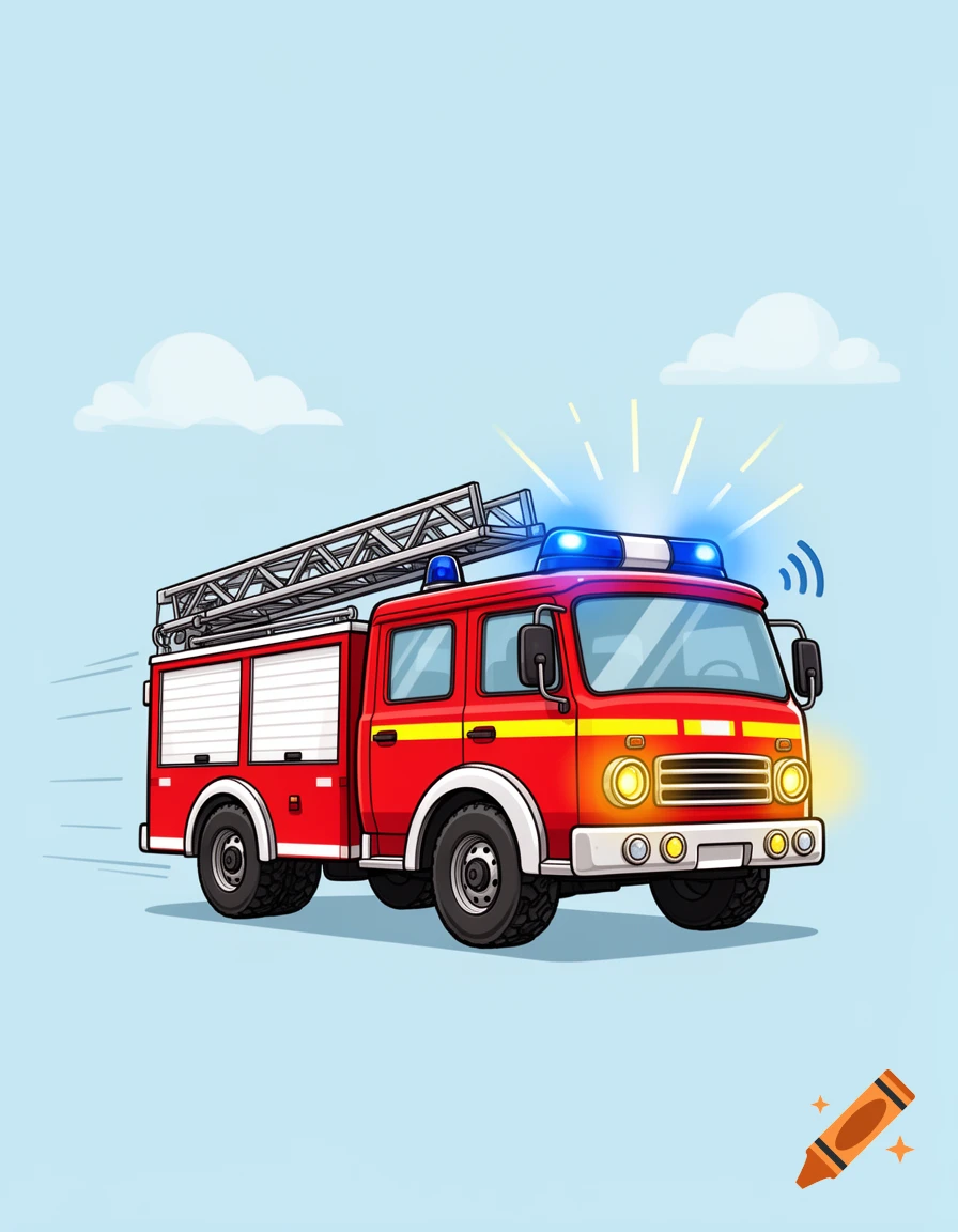 A red cartoon fire truck with flashing blue lights and motion lines, rendered in a clipart style.