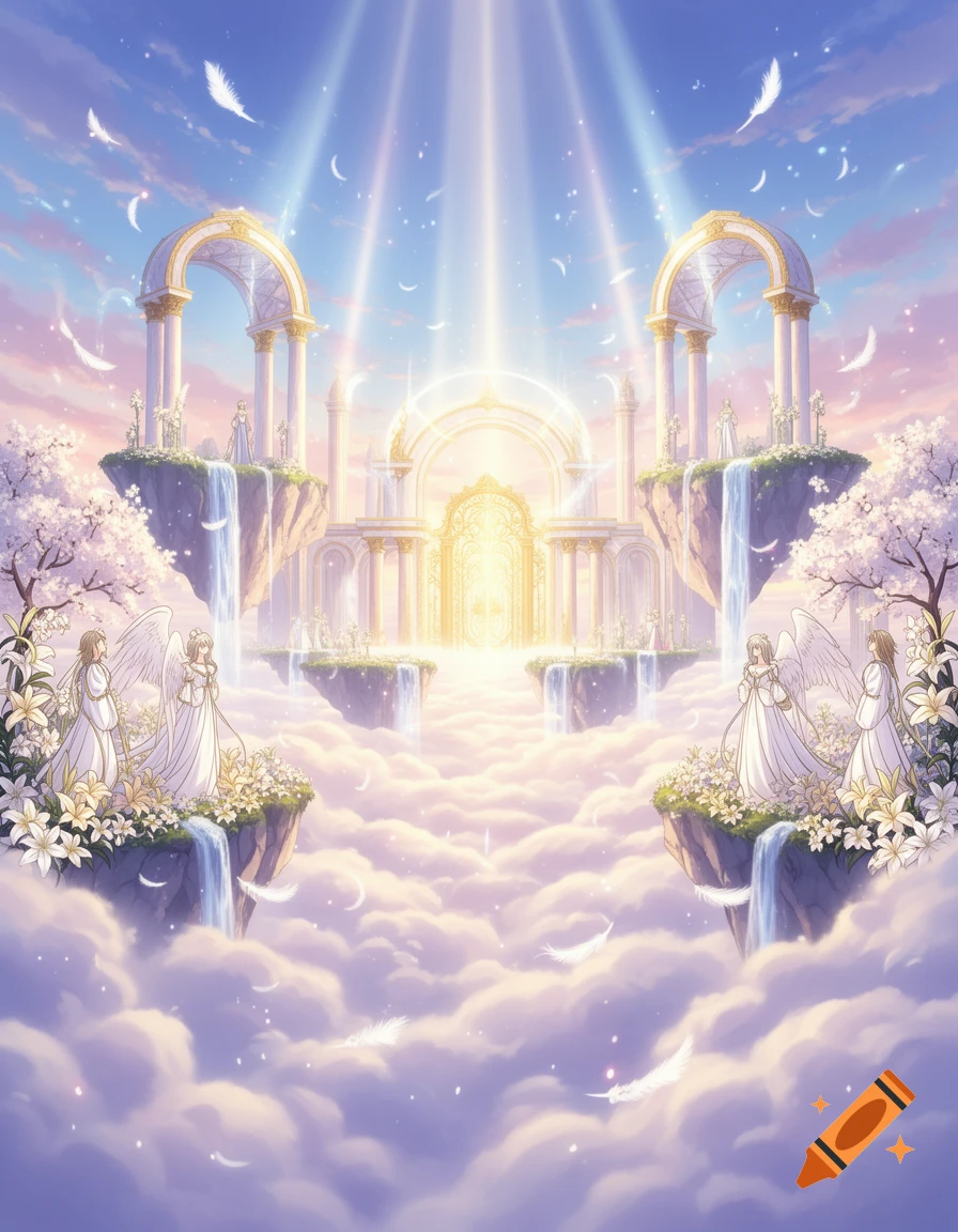 An ethereal anime-style heavenly realm with floating islands, waterfalls, glowing arches, angels, and bright light from the sky.