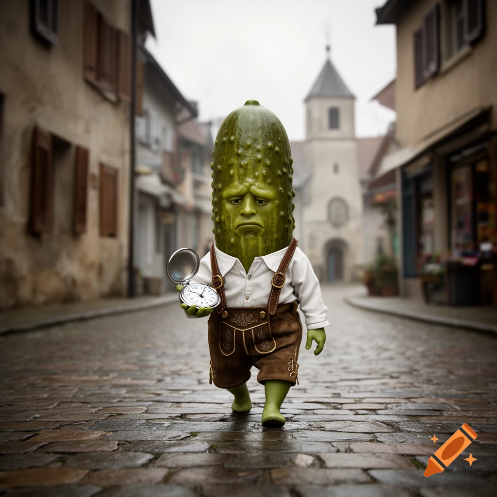 A sad anthropomorphic pickle wearing lederhosen and walking down a cobblestone European street while holding a pocket watch. Photorealistic style.
