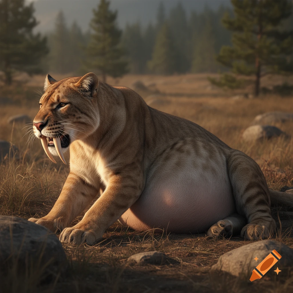 Photorealistic image of a saber-toothed cat with a very full belly sitting in a grassy landscape with pine trees.