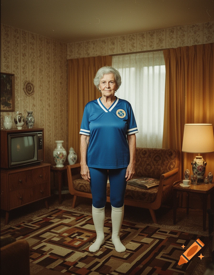 A vintage 1970s style photograph of an elderly woman in a blue tracksuit standing in a retro living room.